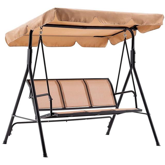 Mcombo Outdoor Patio Canopy Swing Chair 3-Person, Steel Frame Textilence Seats Swing Glider, 4507 (Beige)