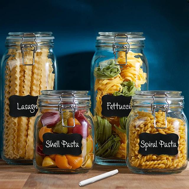 Glass Food Storage Jars with Airtight Lids - 4 Pack Square Mason Jars Kitchen Canisters, Cookie Jar with Clamp Lid, 2-78oz, 2-34oz + Chalkboard & Marker, Flour, Sugar, Coffee, Cereal, Pasta, Canning