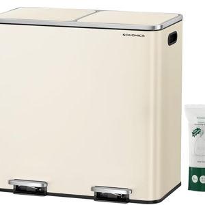 SONGMICS Trash Can, 2 x 10.6 Gallon (2 x 40 L) Garbage Can for Kitchen, with 15 Trash Bags, 2 Compartments, Plastic Inner Buckets and Hinged Lids, Airtight, Almond Color ULTB730A01V1