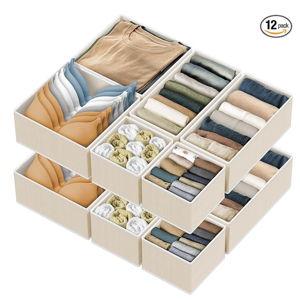 Simple Houseware Foldable Drawer Organizer Set of 12, Beige – Fabric Storage Bins for Clothes, Underwear, Bra, Panty, Socks, Onesies – Closet & Dresser Drawer Dividers for Home Organization