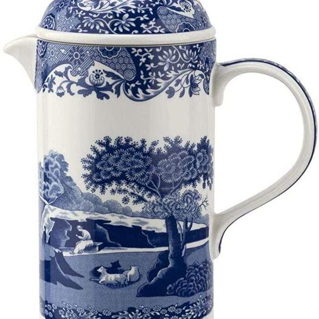 Spode Blue Italian French Press | 28-Ounce Capacity | Espresso, Coffee, and Tea Maker | Porcelain Cafetiere | Stainless Steel Plunger | Dishwasher Safe (Blue/White)