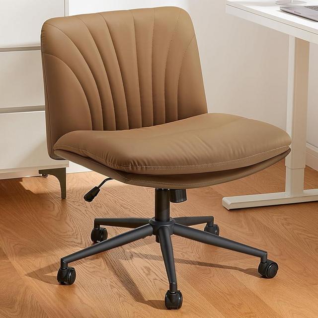 Marsail Armless-Office Desk Chair with Wheels: PU Leather Cross Legged Wide Chair,Comfortable Adjustable Swivel Computer Task Chairs for Home,Office,Make Up,Small Space,Bed Room, Brown