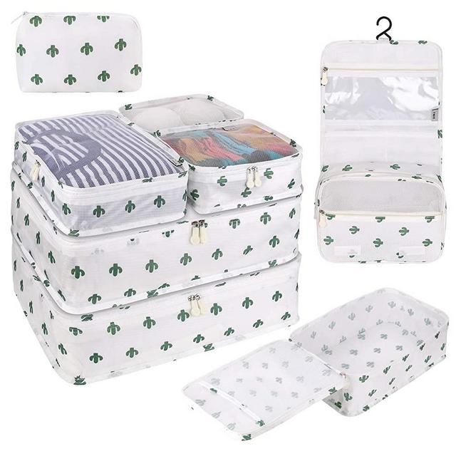 DIMJ Packing Cubes for Travel, 8 Pcs Travel Cubes for Suitcase Lightweight Travel Essential Bag with Large Toiletries Bag for Clothes Shoes Cosmetics Toiletries (White Cactus)