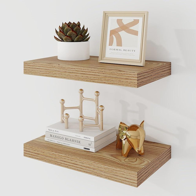 Acovy 16 Inch Floating Shelves, 9.3" Deep Floating Shelf Wall Mounted, 16" Wall Shelves, Rustic Deep Bookshelf, Large Display Shelves & Storage Shelves for Bedroom, Living Room, Light Brown, Set of 2
