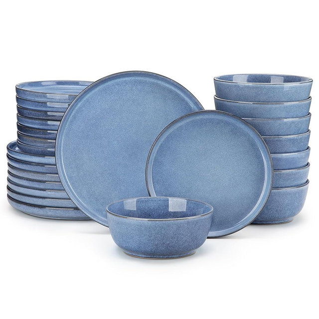vancasso ANYA 24 Pieces Plates and Bowls Set, Blue Dinnerware Sets, Reactive Glaze Dishes Set for 8, Ceramic Dishware Sets Kitchen Dinner Set, Microwave & Dishwasher Safe