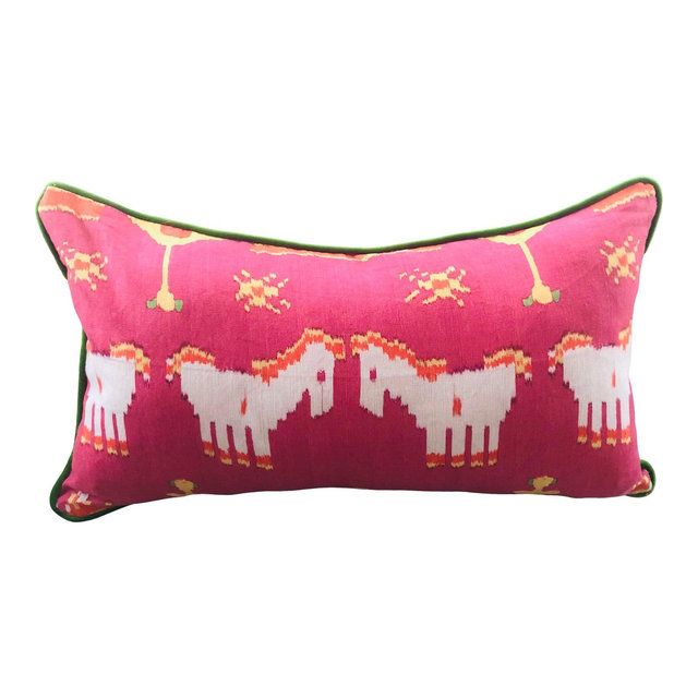 Contemporary Thibaut Kingdom Parade Hot Pink Yellow Green Linen & Velvet Lumbar Pillow Cover
