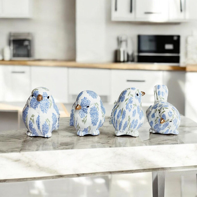 Blue Bird Figurine, Blue Hydrangea Bird Decor for home, Blue Robin Resin Statue, Small Bird Home Accents, Blue & White home decor Bird Gift