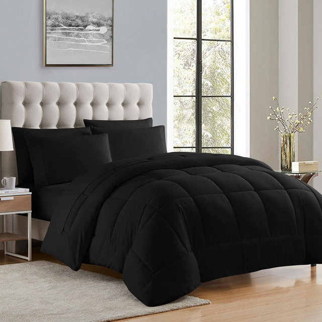 Sweet Home Collection Bed-in-A-Bag Solid Color Comforter & Sheet Set Soft All Season Bedding, Full, Black