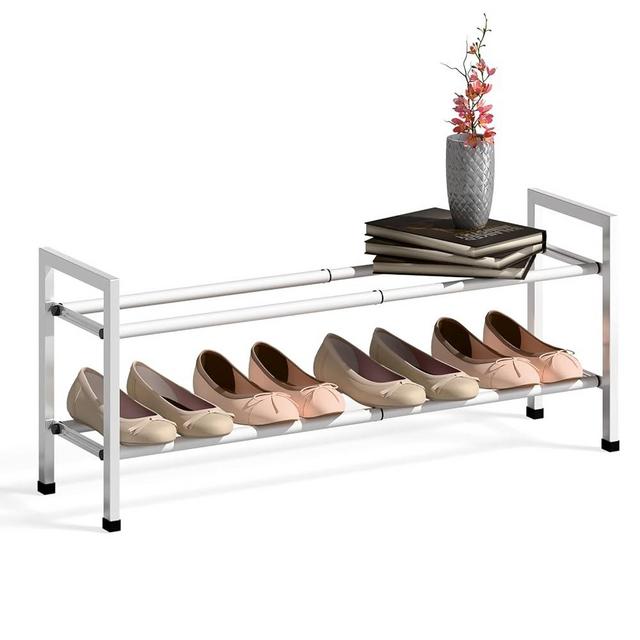 Bumusty 2-Tier Expandable Shoe Rack for Closet, 18“-33” Adjustable Shoe Rack for Small Space, Small Shoe Organizer for Front Door, Sturdy Metal, White