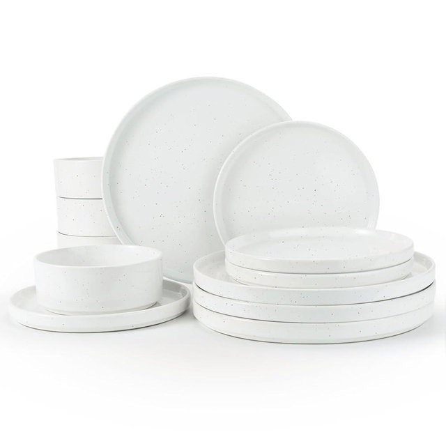 Famiware Nebula Plates and Bowls Set, 12 Pieces Dinnerware Sets, Dishes Set for 4, White with Colorful Speckles