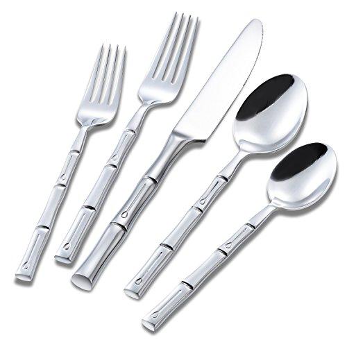 Flatasy Flatware Set Stainless Steel Silverware Set 20 Piece Cutlery Set with Silver Mirror Polish and Bamboo Pattern Service for 4