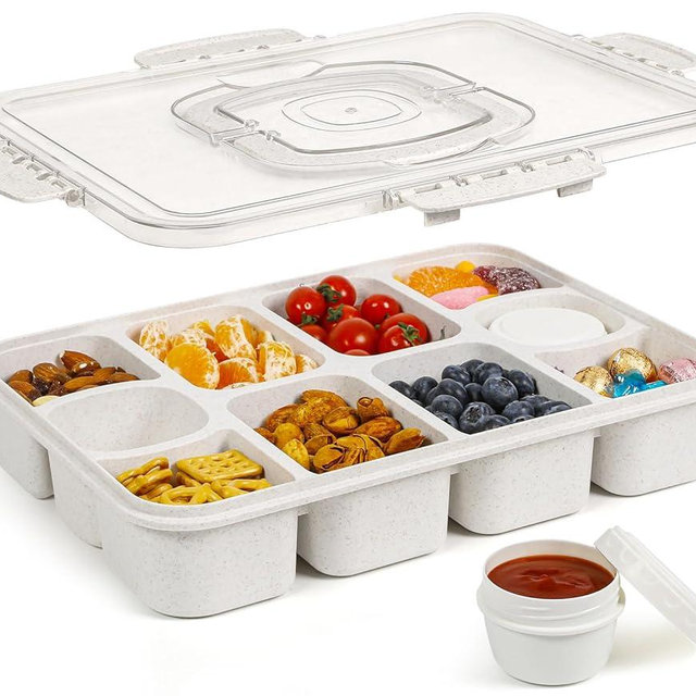 Caperci Snackle Box Container - Large 10-Compartment Divided Serving Tray with Lid and Handle, Built-in 2 Dip Containers, Dishwasher Safe, Leak-Proof, Wheat Straw, BPA-Free (White)