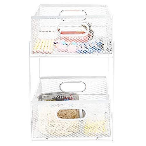 Mind Reader CABASK2T-WHT Sliding Metal Baskets, Cabinet Storage Organizer, Home, Office, Kitchen, Bathroom, One Size, White 2 Tier Mesh