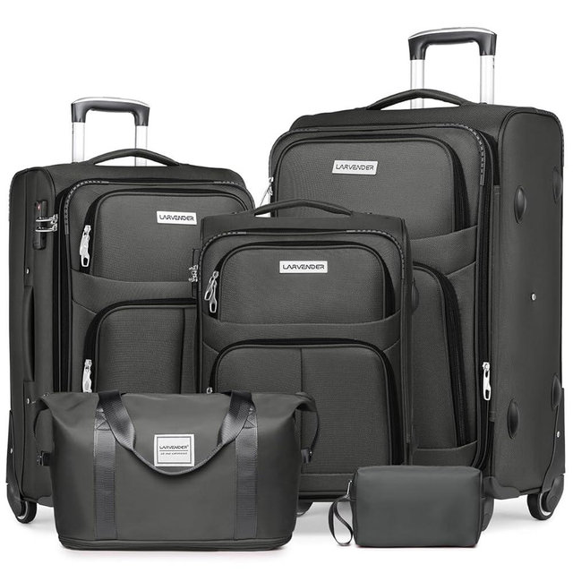 LARVENDER Luggage Sets 5 Piece Softside Expandable Suitcases Set with Spinner Wheels TSA Lock, Lightweight Soft Shell Rolling Travel Luggage Set Clearance for Men and Women, Grey