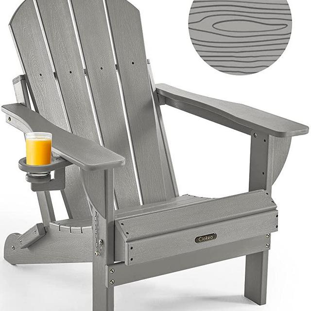 Ciokea Folding Adirondack Chair Wood Texture, Patio Adirondack Chair Weather Resistant, Plastic Fire Pit Chair with Cup Holder, Lawn Chair for Outdoor Porch Garden Backyard Deck (Grey)