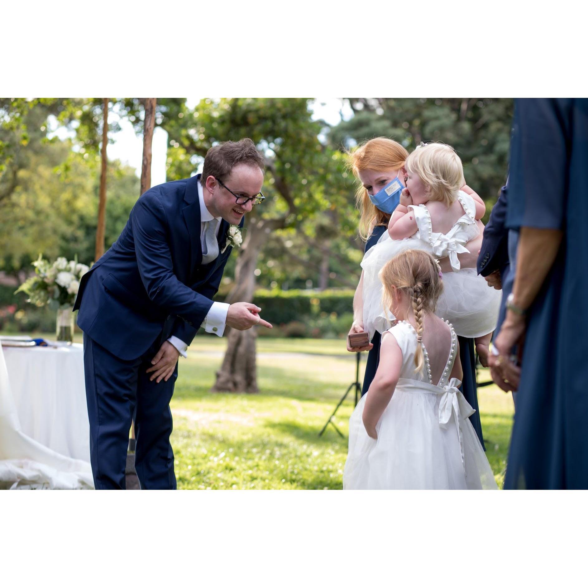 Steve asking his niece, May, flower girl, for Aunt Rachel's Ring