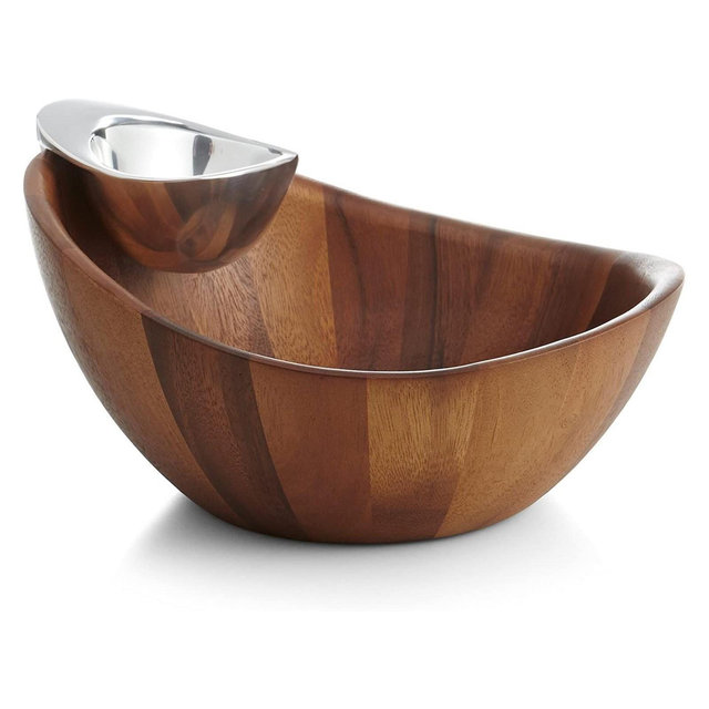 Nambe Harmony Chip and Dip Bowl, Acacia Wood Bowl and Alloy Companion Bowl