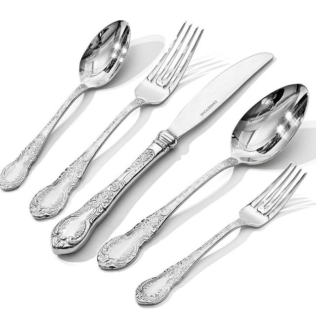 KINGSTONE Vintage Carved Silverware Set, 60-Piece 18/10 Stainless Steel Flatware Cutlery Set with Retro Royal Thick Handle, Tableware Utensils for Home, Restaurant, party, Wedding, Dishwasher Safe