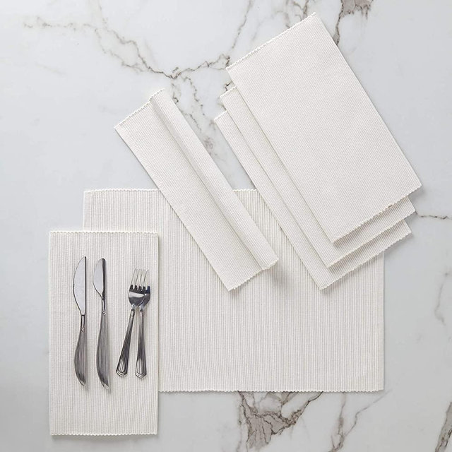 Encasa Homes Dining Placemats (Set of 6 pcs) Made from Fine Ribbed Cotton - Perfect Size 19 x 13 inch, Smart Modern Colours & Designs, Use at Home, Cafes, Restaurants & Hotels - Solid Off White