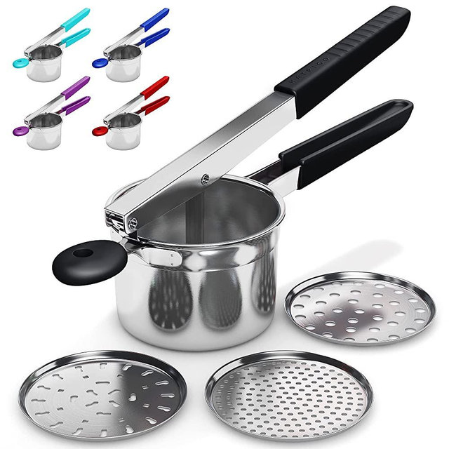 Potato Ricer Stainless Steel with 3 Interchangeable Fineness Discs, Ricer Kitchen Tool for Mashed Potatoes, Cauliflower Rice Maker Masher, Gnocchi Potatoe Spaetzle Press Patoto Masher (Black)