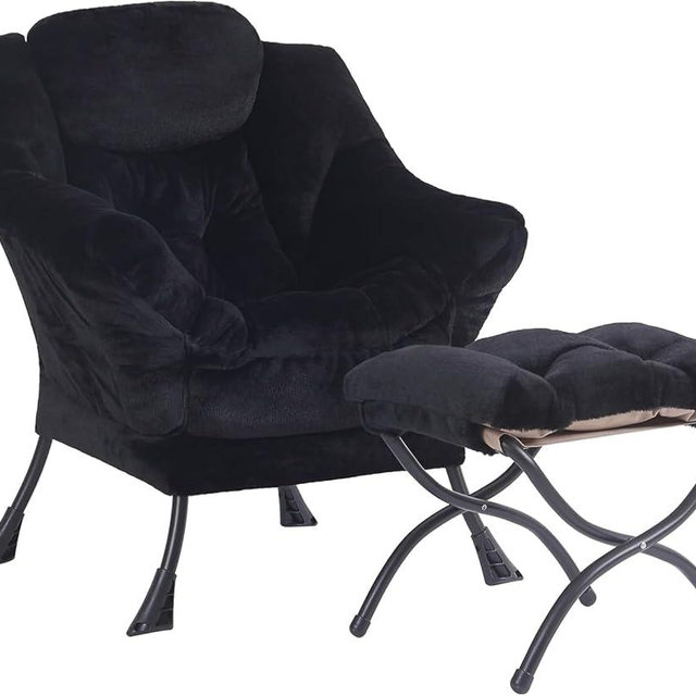 Givjoy Plush Black Lazy Chair with Ottoman, Large Contemporary Accent Lounge Chair with Side Pocket, Modern Leisure Upholstered Reading Armchair with Footrest for Office, Bedroom, Living Room