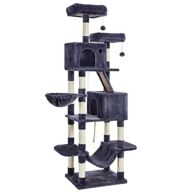 FEANDREA Cat Tree, XL Cat Tower, 81.1-Inch Tall Cat Condo with Hammock, Basket, Scratching Posts, 2 Cat Caves, 2 Plush Perches, Cat Activity Center