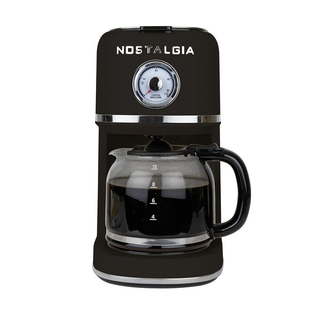 Nostalgia Classic Retro 10 Cup Coffee Maker - One-Touch Drip Brew, Reusable Filter - Anti-Drip, Auto Shutoff, & Time Display - Dishwasher Safe 50 oz Carafe - Black