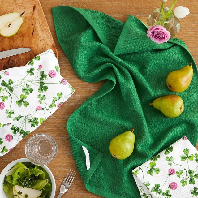 Martha Stewart Clover Meadow Kitchen Towel Set 3-Pack, Absorbent 100% Cotton, St. Patrick's Day, White/Green, 13"x17.5"
