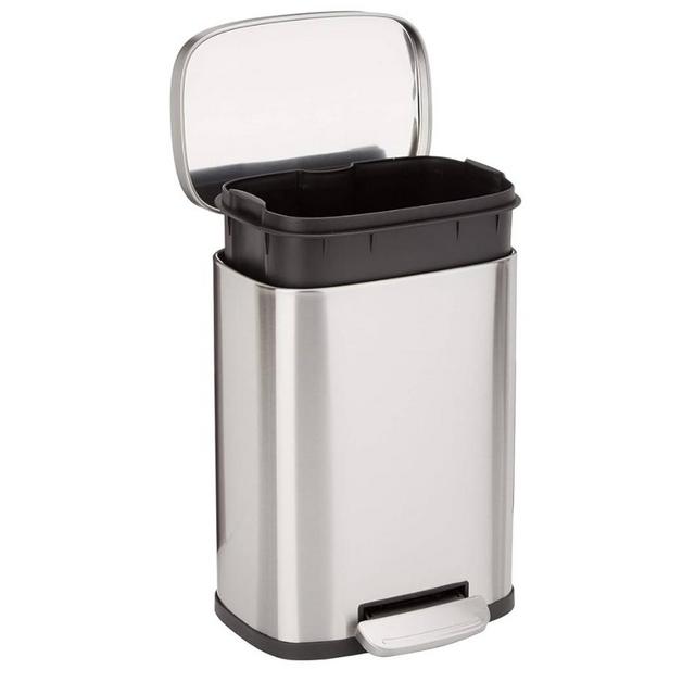 Amazon Basics Smudge Resistant Small Rectangular Trash Can With Soft-Close Foot Pedal, Brushed Stainless Steel, 5 L /1.32 Gallon, Satin Nickel Finish, 7.3 x 8.5 x 11.8 inches (LxWxH)