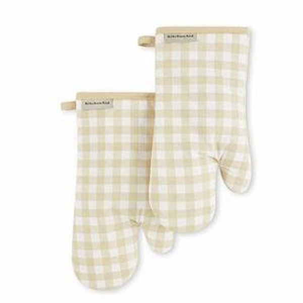 KitchenAid Gingham Oven Mitt 2-Pack Set, Milkshake, 7"x13"