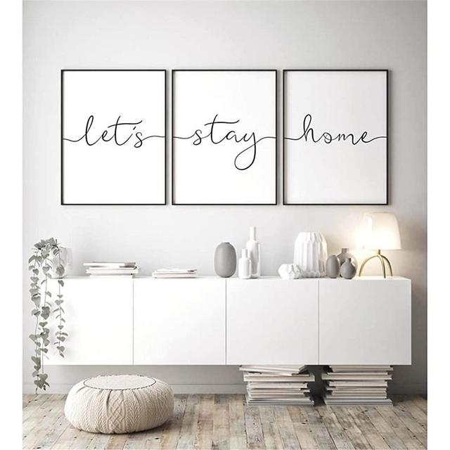 NATVVA Canvas Picture 3 Pieces Lets Stay Home Sign Wall Art Canvas Painting Poster Family Quote Modern Living Room Decorative Picture Home Decor With Inner Frame