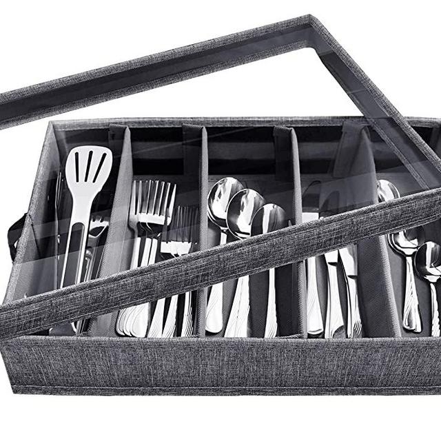 Flatware Storage Case - 5 Compartment Tableware Cutlery Container Chest with Removable PVC Lid and Easy to Carry Handles,Large Capacity Utensils,Silverware,Flatware Box(Dark Grey)