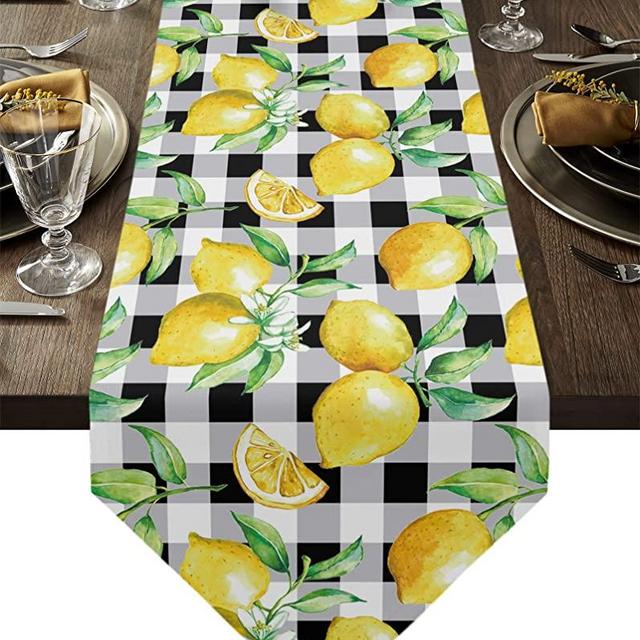 Linen Burlap Table Runner Summer Farmhouse Dresser Scarves, Yellow Lemon on Buffalo Plaid Table Runners for Family Dinner/Holiday Party/Events/Kitchen Dining Coffee Indoor Party, Black White 13x70In