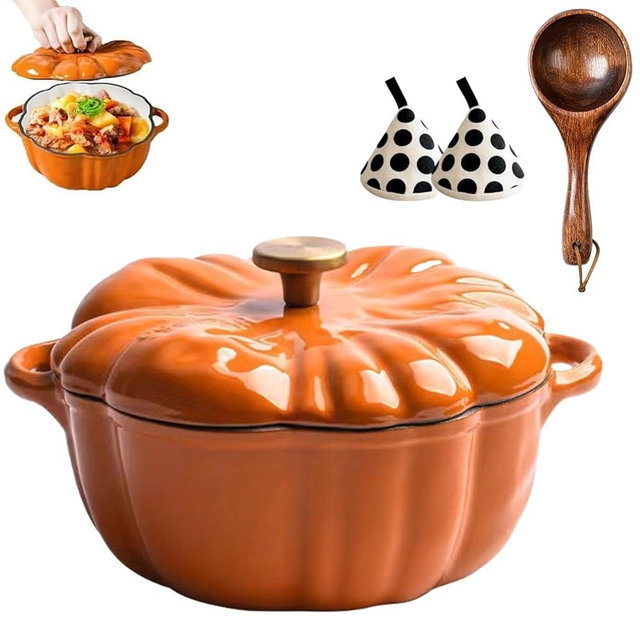 Enameled Cast Iron Dutch Oven, Pumpkin Pot with Lid, 4-Quart Cookware Set, Serves 3-5, Heavy-Duty Cookware for Braising, Stews, Roasting, Halloween and Thanksgiving Decor Gift (6.2in,Orange-B)