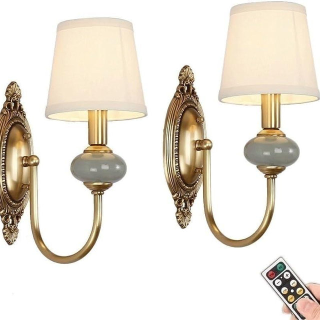 Wireless Battery Operated Wall Sconces Lights Set of 2, Rechargeable Antique Brass Wall Light Sconce with Bulbs & Remotes, No Wires Dimmable Green Ceramic Wall Lamps for Living Room Bedroom Hallway
