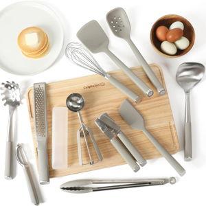 Calphalon Edge 11-Piece Silicone and Stainless Steel Kitchen Tool Set, Kitchen Utensil Set, Heat Resistant Nonstick Safe Kitchen Gadgets with Non-Slip Handle, Durable Kitchen Gadgets (Taupe)