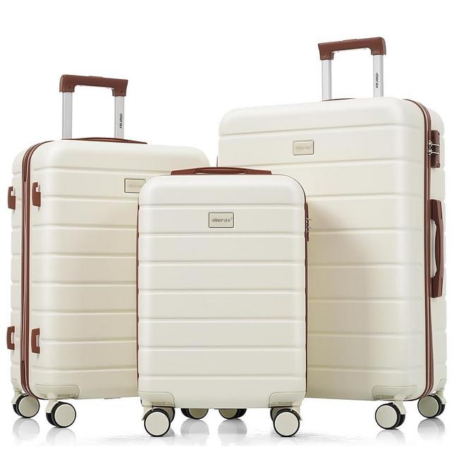 Merax 3pcs ABS Hardside Luggage Sets Spinner Wheels Suitcase with TSA Lock, White Brown, 20/24/28 Inch