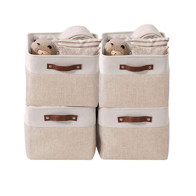 DECOMOMO Foldable Storage Bin | Collapsible Sturdy Fabric Storage Basket Cube W/Handles for Organizing Shelf Nursery Toy Closet (Beige and White, Large - 4 Pack)