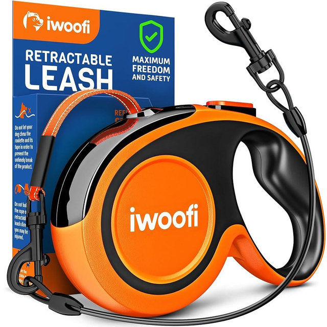 Retractable Dog Leash 18.2 ft – Chew Proof Cable Included – 360° Tangle-Free Design – Heavy Duty Reflective Leash – Soft Anti-Slip Grip Outdoor for Small Medium & Large Dogs up to 110 lbs (Orange)