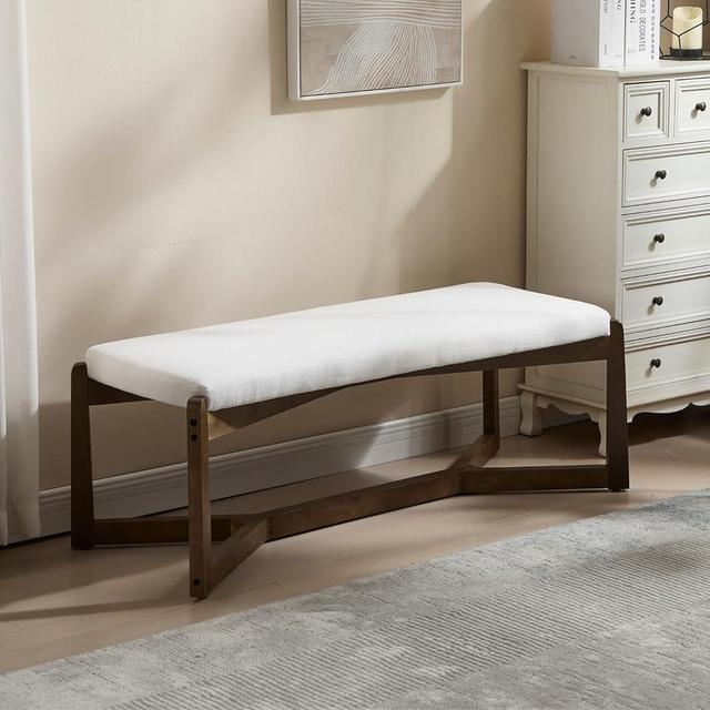 HEAH-YO 49” Mid Century Modern Entryway Bench,Linen Bedroom Dining Bench for End of Bed with X Shape Solid Wood Base,Comfy Ottoman for Living Dining Room Hallway,Beige