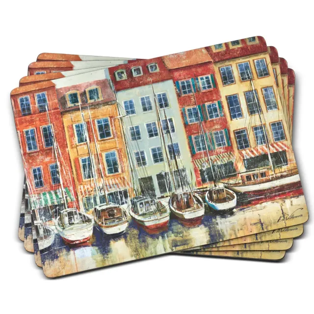 Pimpernel Boat Scene Placemats - Set of 4 Cork-Backed Dining Table Mats Featuring Serene Waterside Artwork with Protective Finish