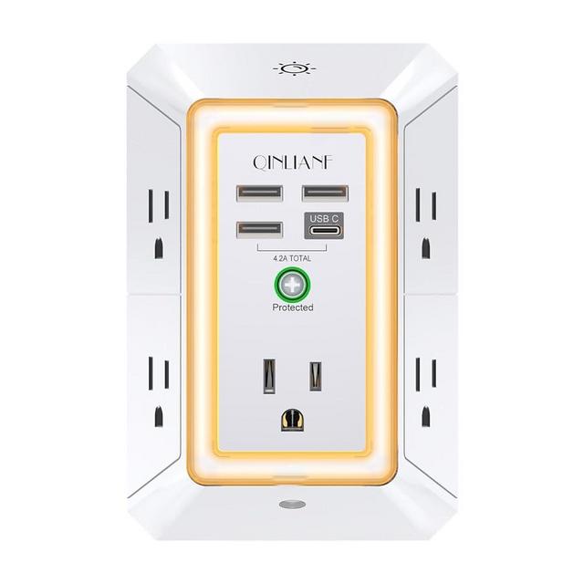 3-Sided Outlet Extender with Night Light - QINLIANF Multi Plug Outlet with 5 Outlets and 4 USB Ports(1 USB-C), USB Wall Charger for Home, Office, Travel, ETL Listed, White