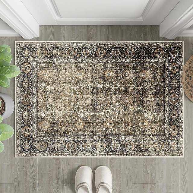 PureCozy Brown Entryway Rug 2x3 Vintage Area Rug Indoor Washable Door Mat Living Room Carpet Tribal Distressed Rug Retro Accent Throw Rug for Office Dining Room Bathroom Faux Wool