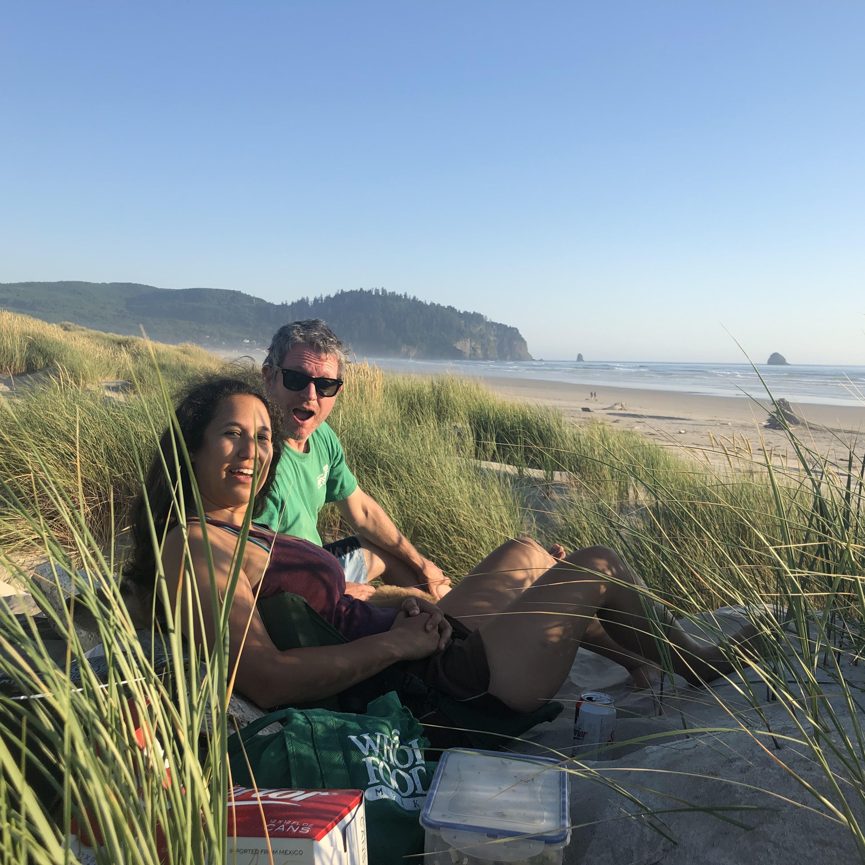 This was that 111F degree (in the Willamette Valley) day in 2021. Twas much cooler here on that Tillamook spit but still hot. Jen went into the cold, cold North Pacific and it felt great.