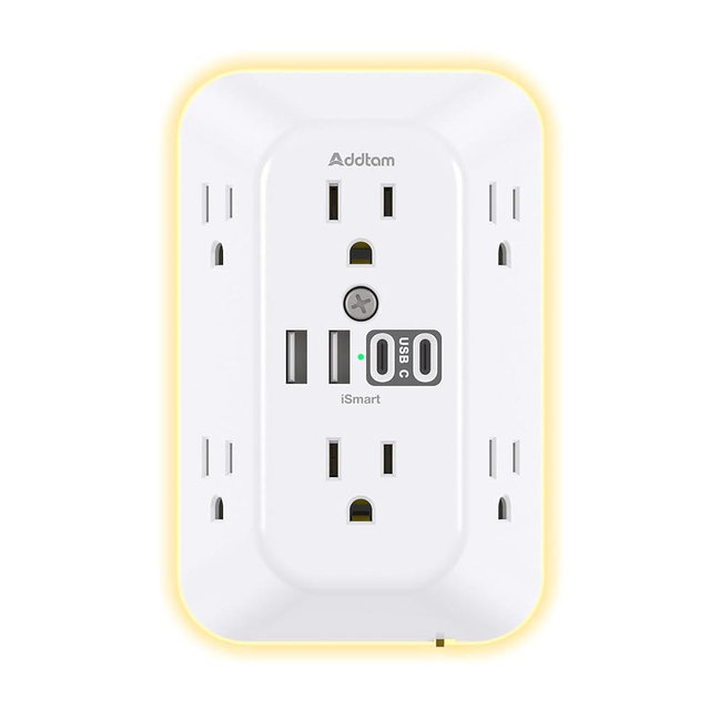 Addtam Surge Protector Outlet Extender, 6 Outlet Splitter with Night Light and 4 USB Wall Charger(2 USB-C Ports), Multi Plug Wall Outlet Power Strip for Home Office Dorm Room Essentials