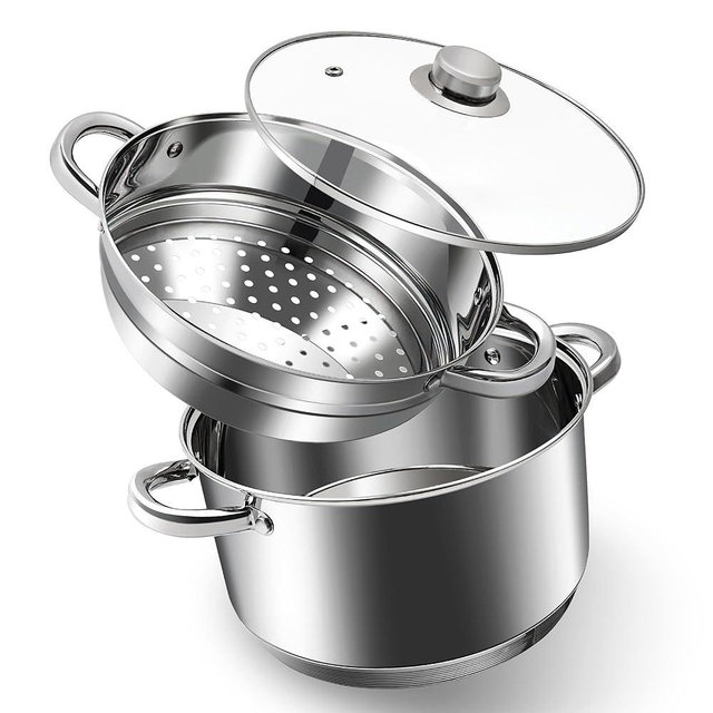 AuFranc® 6 Quart 18/10 Stainless Steel Tri-ply Stockpot and Steamer with Tempered Glass Lid, Multipurpose Steamer Pot Compatible with All Cooktops, Non-Toxic Soup Pot, Oven & Dishwasher Safe (Silver)