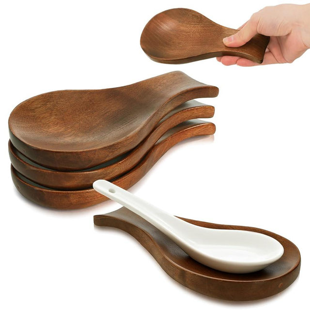 ELFULLY 4 Pack Wood Spoon Rest for Stove Top, Spoon Holder for Kitchen Counter Coffee, Spatula Ladle Rest, Heat-Resistant Cooking Utensil Holder for Countertop Tong Modern Farmhouse Décor, Brown