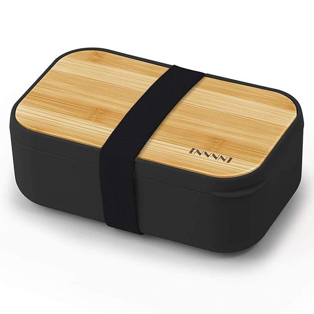 INVVNI Bento Box Adult Lunch Bamboo Japanese Containers for Kids Black - Microwave safe, Bpa free, Leakproof, Men Women