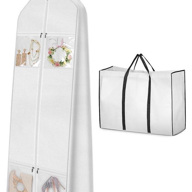 MISSLO Portable 70" Wedding Dress Garment Bag with Bride Tote Bag 8'' Gusseted Dress Bags for Gowns Long 4 Pockets Dress Cover for Women, White