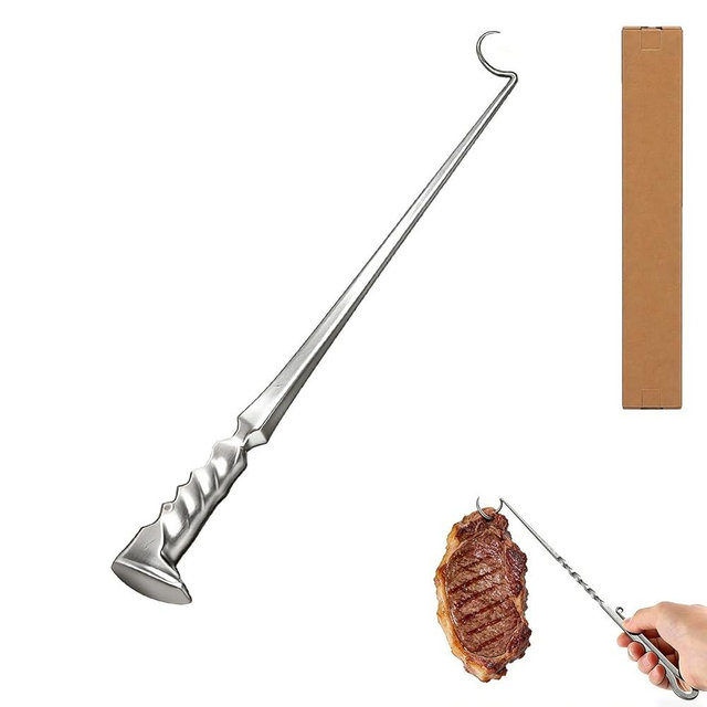 Meat Hook Flipper, BBQ Turner Hooks, Stainless Steel Pig Tail Meat Flippers, Flip Cooking Hooks for Grilling, Smoking, and Frying (Right Hand A)